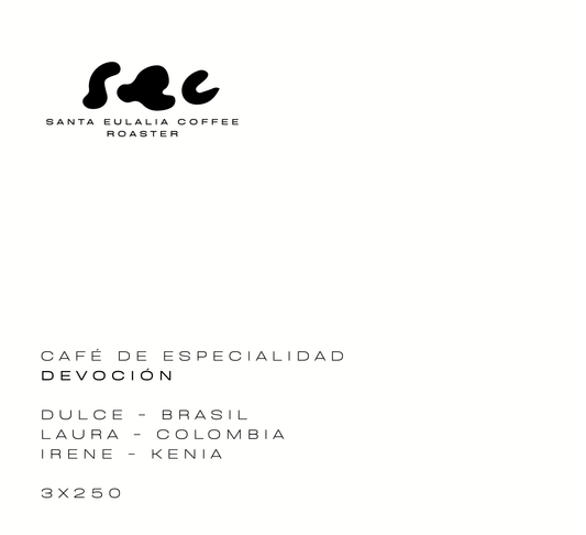 Pack Devoción: tres cafés de especialidad para espresso, Dulce (Brasil), Laura (Colombia) e Irene (Kenia), 3 bolsas de 250 g